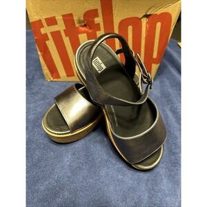 FitFlop Eloise Wedge Sandals Womens Sz 8 Pewter Metallic Leather Platform $59